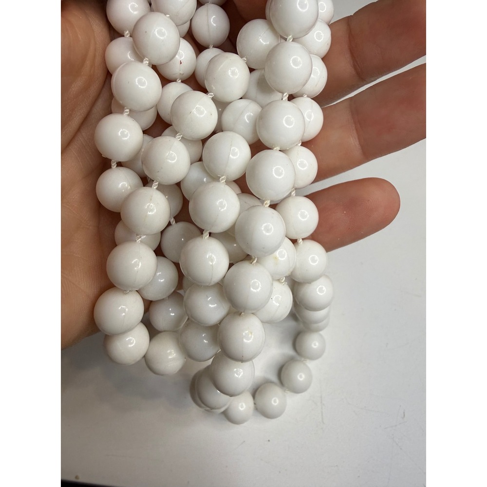 Vintage White Milk Glass Beaded Necklace Long Knotted Strand 60 Inch 10mm Beads